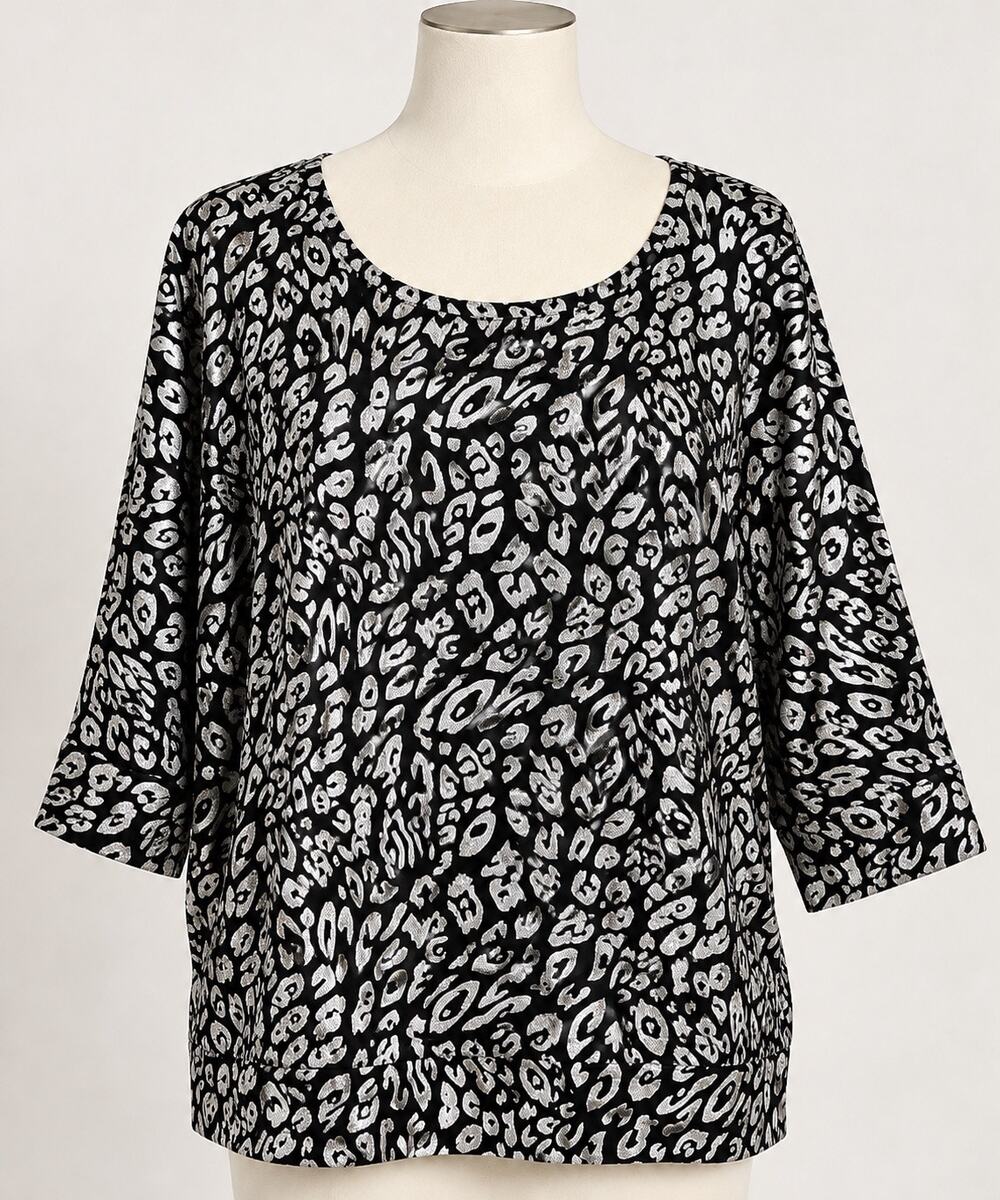 Absolutely Famous Women's L Silver Metallic Leopard Print 3/4 Sleeve Top